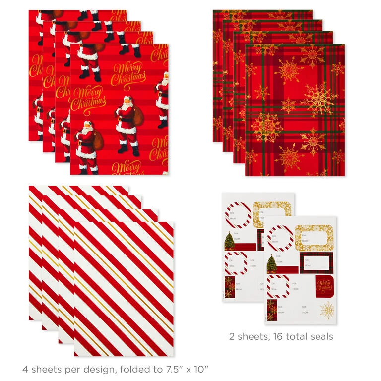 Hallmark Christmas Prints Assorted Flat Wrapping Paper With Gift Tags, 12 Sheets