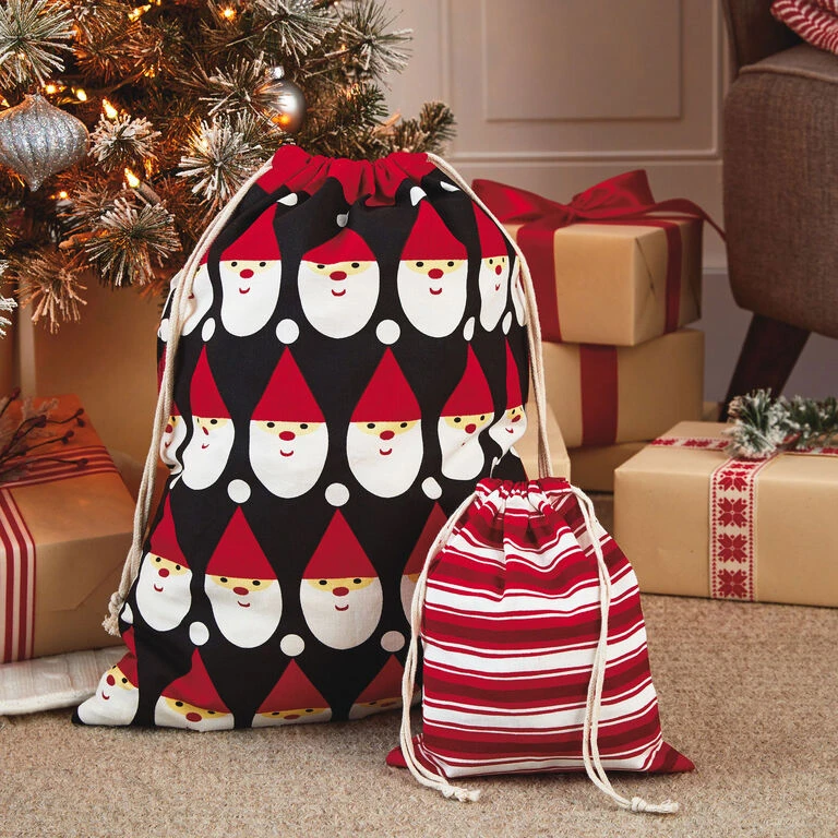 Hallmark 10" And 20" Santa And Stripes 2-Pack Fabric Christmas Gift Bags 2 Hallmark 10" And 20" Santa And Stripes 2-Pack Fabric Christmas Gift Bags - Image 2
