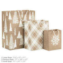 Hallmark Christmas Kraft 8-Pack Holiday Gift Bags, Assorted Sizes And Designs -Gift Wrap Store White on Kraft Paper Assortment Christmas Gift Bags 5XGB1417 03